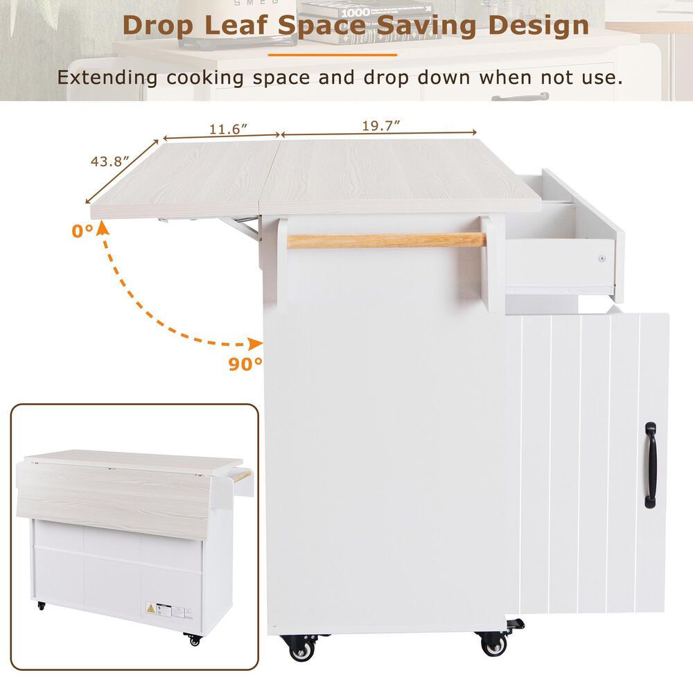 HOMLUX 44" Kitchen Island with Trash Can Storage Cabinet in White, , large