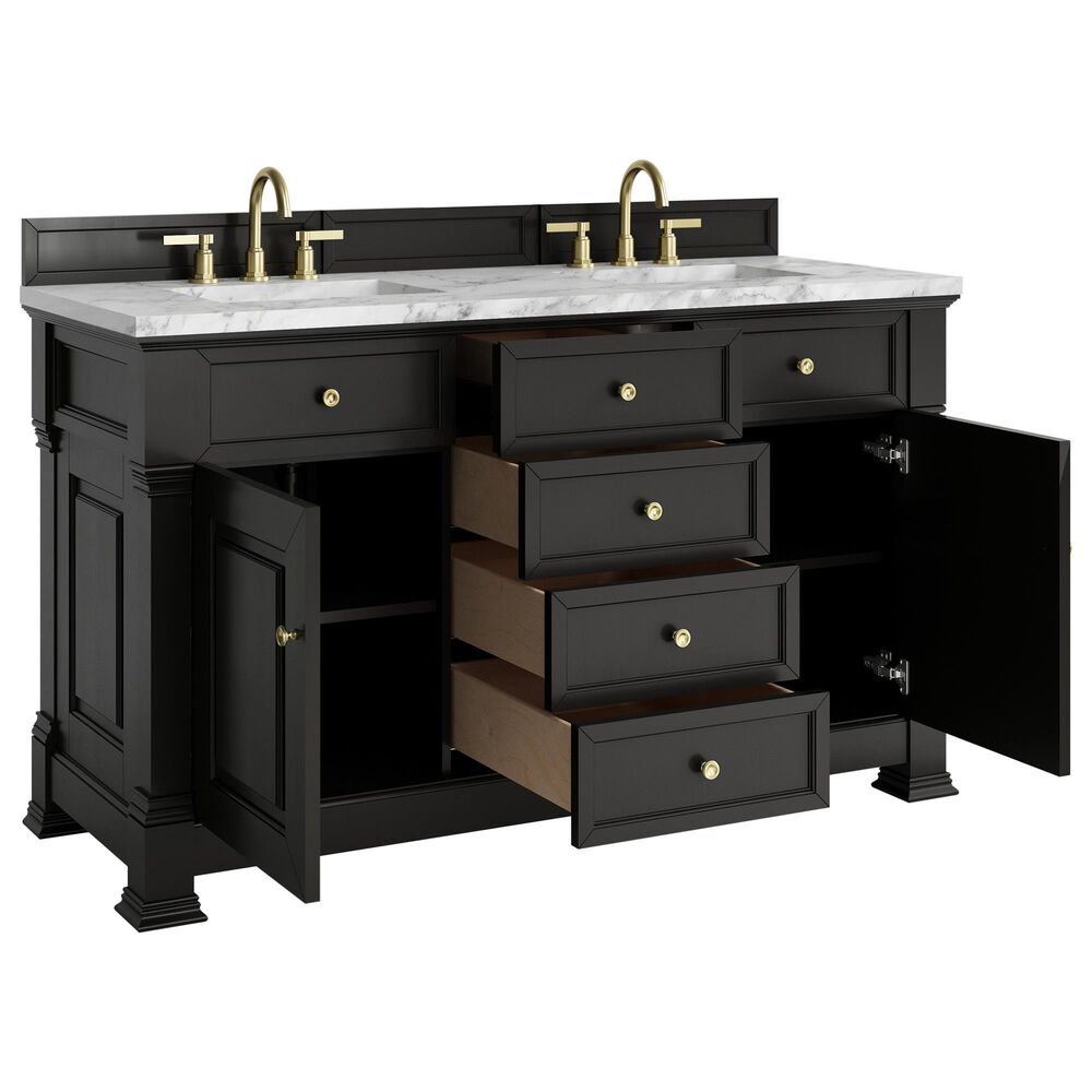 James Martin Vanities Brookfield 60&quot; Double Bathroom Vanity in Black Onyx with 3 cm Carrara White Marble Top and Rectangular Sinks, , large