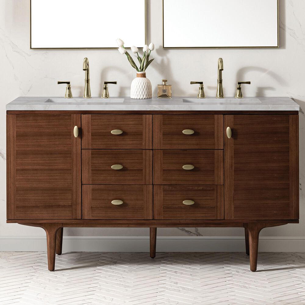 James Martin Vanities Amberly 60&quot; Double Bathroom Vanity in Mid-Century Walnut with 3 cm Victorian Silver Quartz Top and Rectangular Sinks, , large