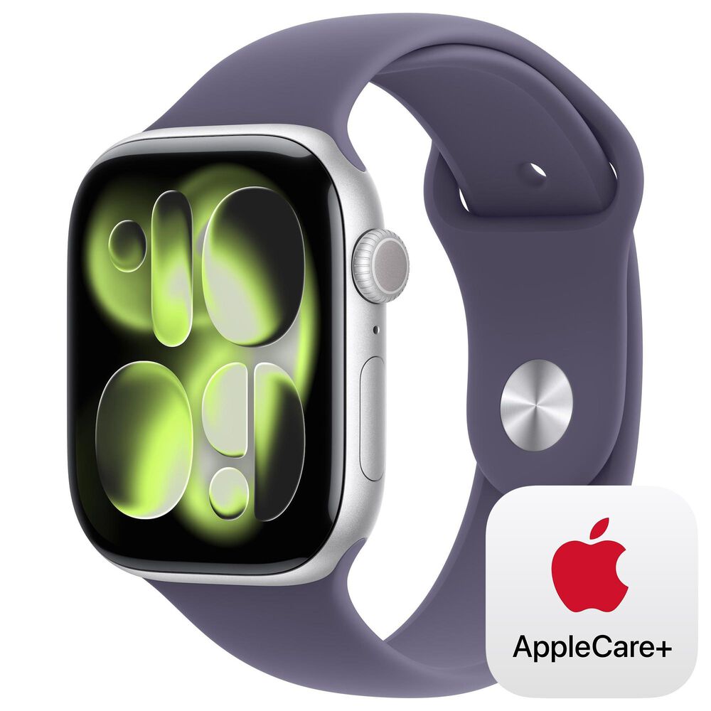 Apple Watch Series 11 (GPS+Cellular) 46mm Aluminum Case with Purple Fog Sport Band - S/M in Silver and 2-Year AppleCare+, , large