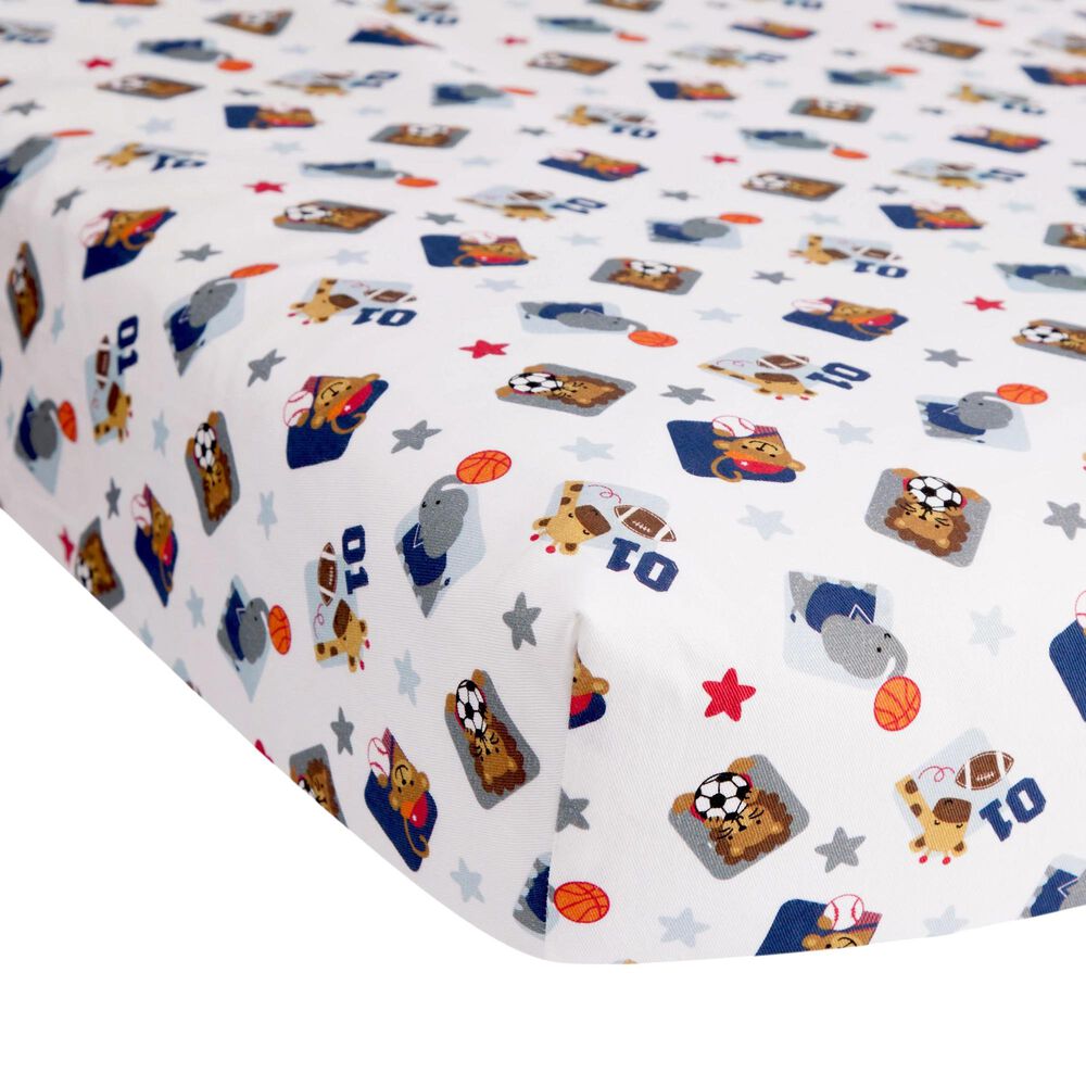 Lambs and Ivy Animal Sports Fitted Crib Sheet in Blue, Gray and White, , large