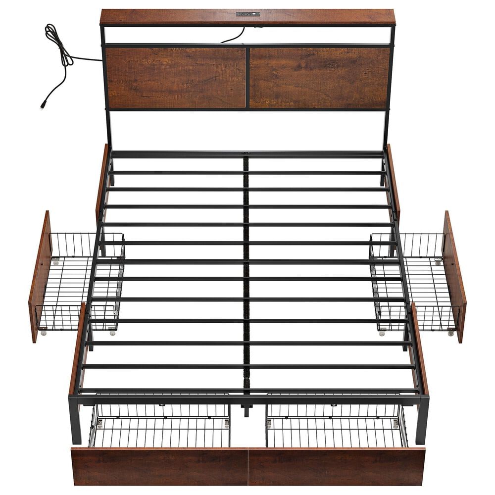 HOMLUX 4-Drawer Queen Storage Bed with LED Headboard and Charging Station in Rustic Brown, , large