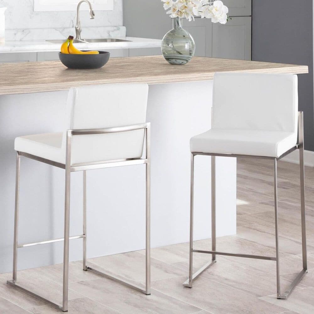 Lumisource Fuji Stackable Counter Stool with White Velvet Cushion in Brushed Stainless Steel &#40;Set of 2&#41;, , large