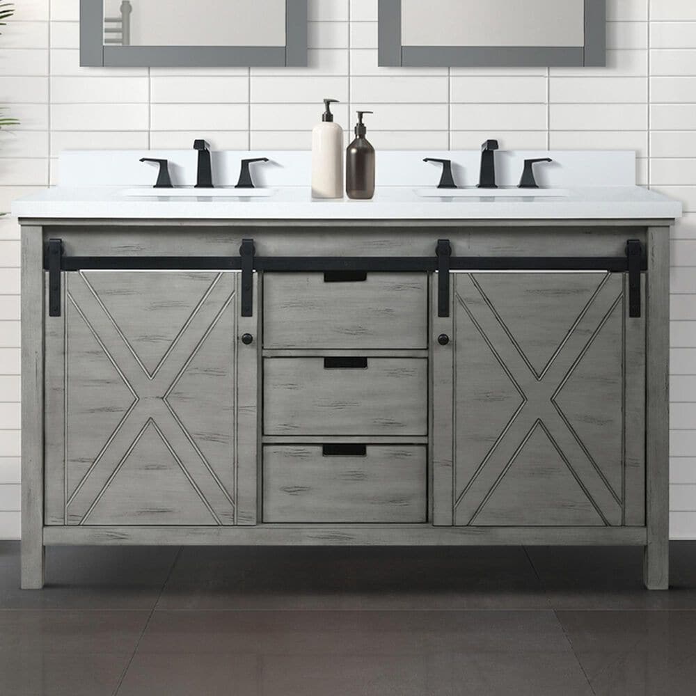 Lexora Home Marsyas 60&quot; Double Bathroom Vanity in Ash Grey with White Quartz Top and Rectangular Sinks, , large