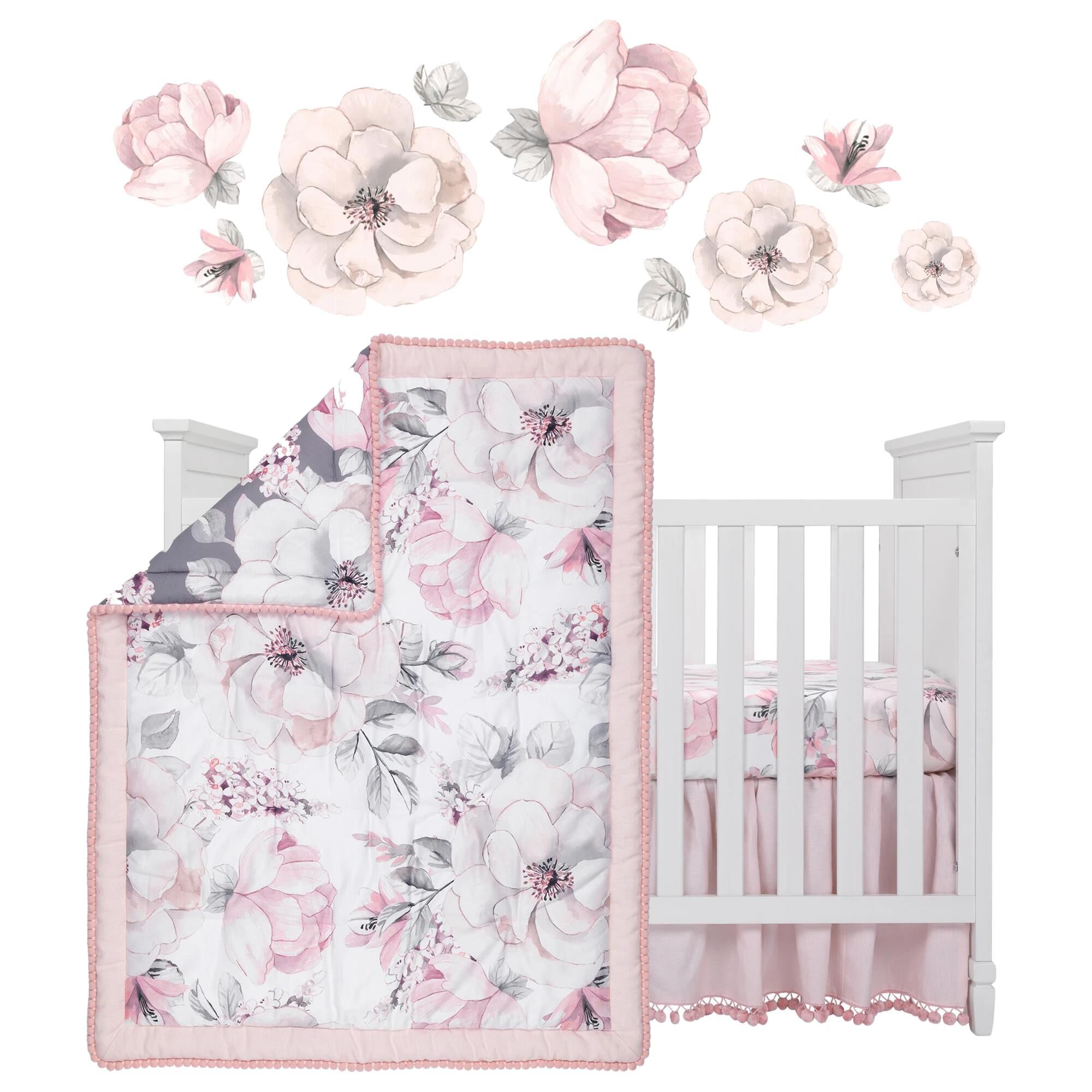 Lambs and Ivy Watercolor Floral 4 Piece Crib Bedding Set in Pink and Grey Nebraska Furniture Mart