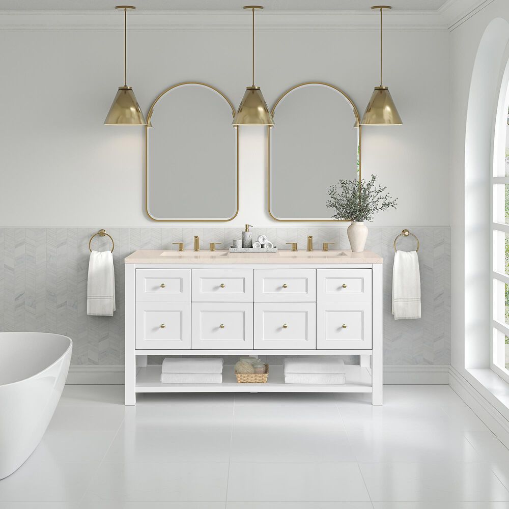 James Martin Vanities Breckenridge 60&quot; Double Bathroom Vanity in Bright White with 3 cm Eternal Marfil Quartz Top and Rectangular Sinks, , large