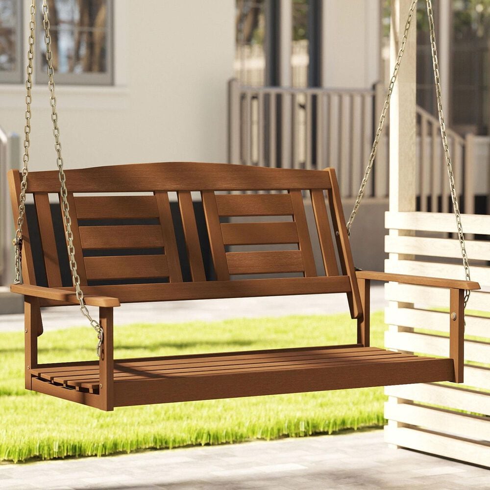 HOMLUX 2-Person Hanging Porch Swing Wood Bench with Hanging Chains, Curved Back in Teak Oil, , large