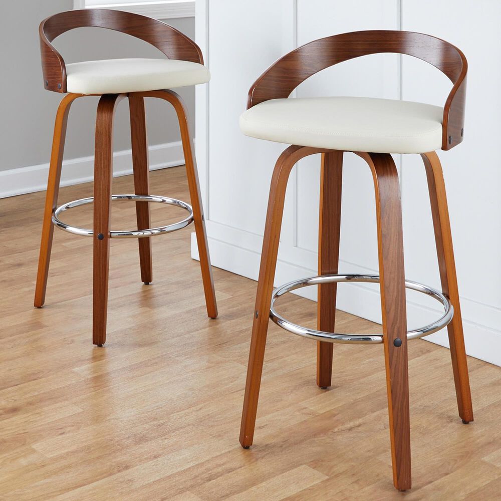 LumiSource Grotto 30" Swivel Barstool with Cream Faux Leather Upholstery in Walnut and Chrome (Set of 2), , large