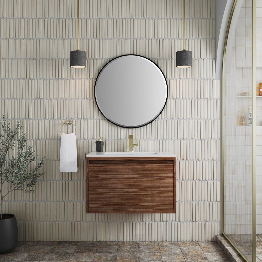 James Martin Vanities Mantova 31.5&quot; Single Vanity in Mid-Century Walnut and Champagne Brass with 3 cm Glossy White Composite Stone Top and Rectangular Sink, , large