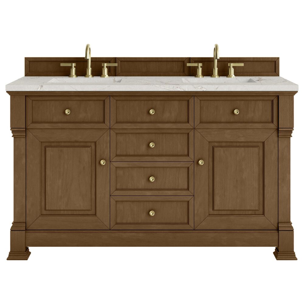 James Martin Vanities Brookfield 60" Double Bathroom Vanity in Honey Oak with 3 cm Eternal Jasmine Pearl Silestone Top, Rectangular Sinks and FreePower Wireless Charger, , large
