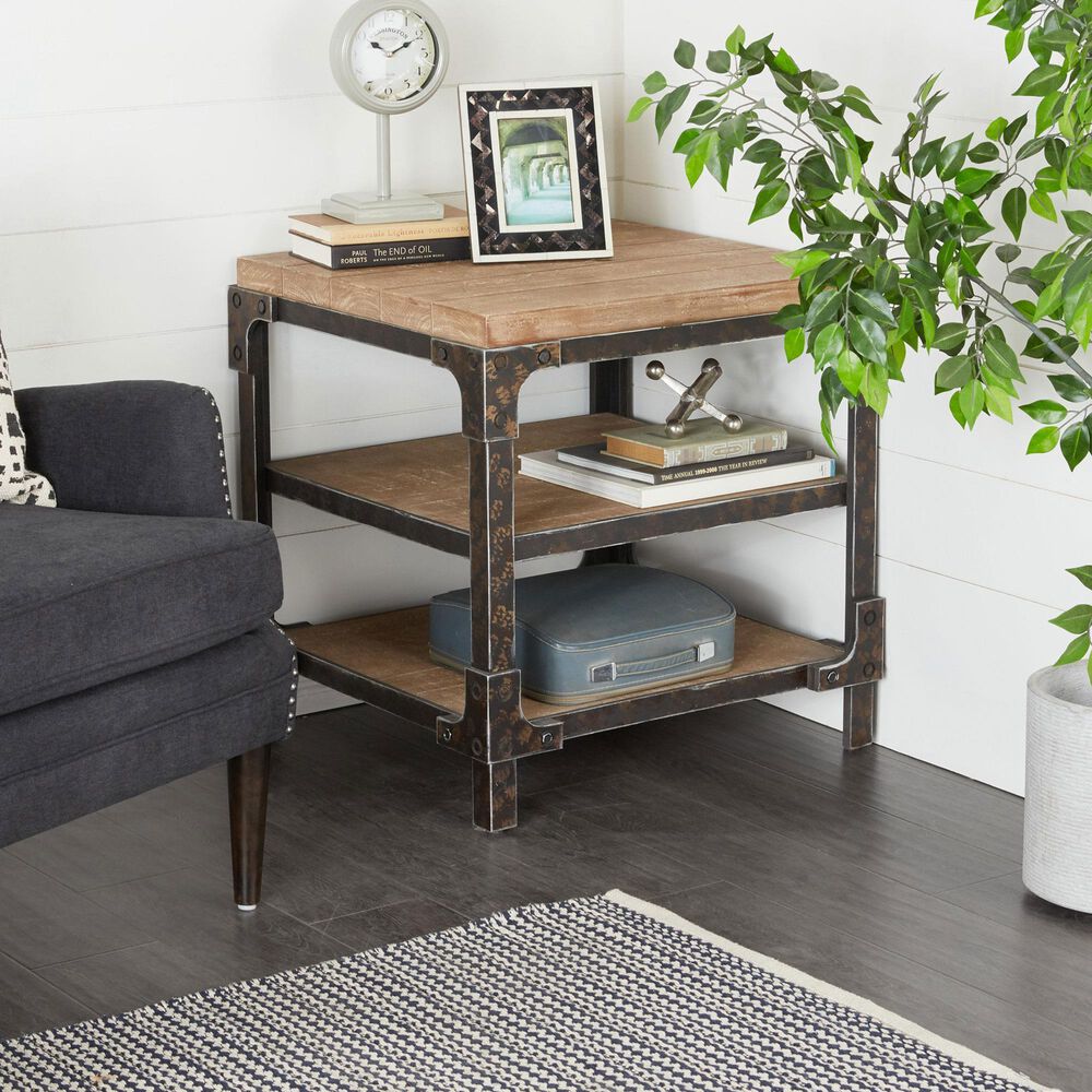 Maple and Jade 2-Shelf Accent End Table in Brown and Bronze, , large