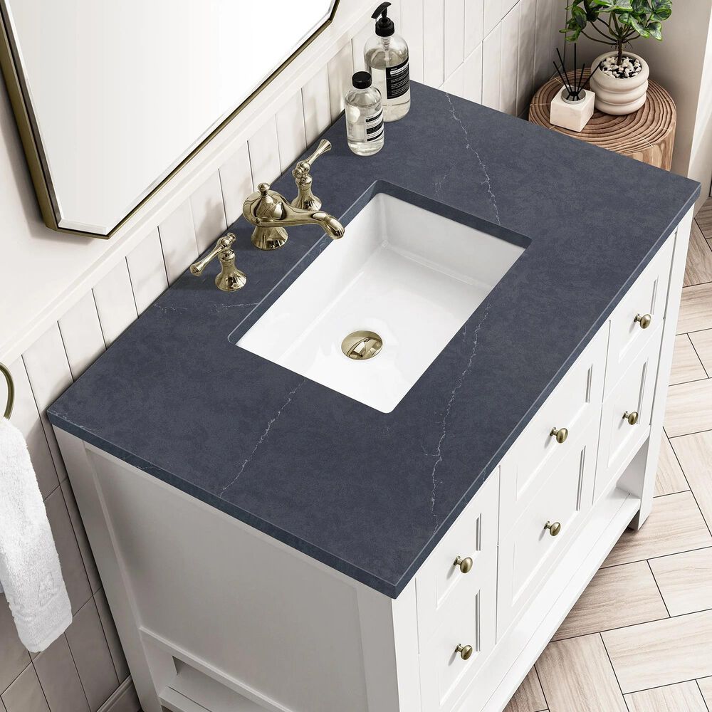 James Martin Vanities Breckenridge 36" Single Bathroom Vanity in Bright White with 3 cm Charcoal Soapstone Quartz Top and Rectangular Sink, , large