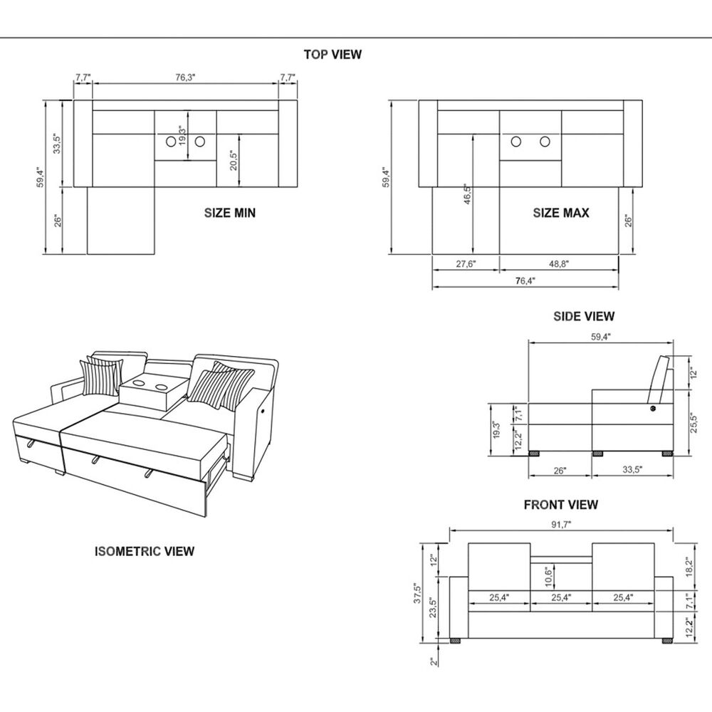 Global Furniture USA Stationary Sofa Sleeper with Reversible Chaise in Grey, , large