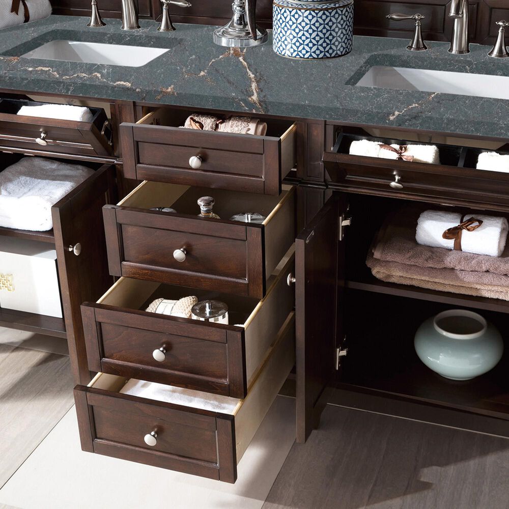 James Martin Vanities Brittany 72&quot; Double Bathroom Vanity in Burnished Mahogany with 3 cm Parisien Bleu Quartz Top and Rectangular Sinks, , large