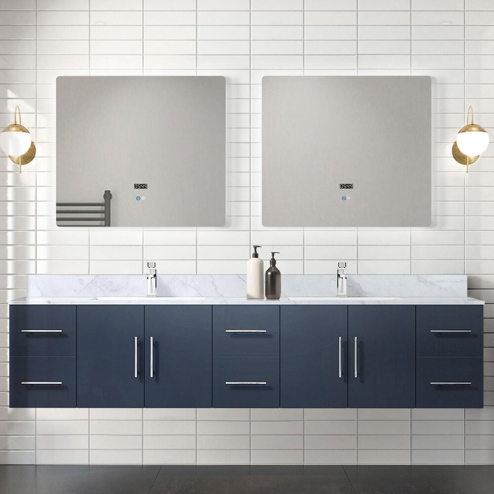 Lexora Home Geneva 84&quot; Double Bathroom Vanity in Navy Blue with 2 cm White Carrara Marble Top, Rectangular Sinks and 36&quot; LED Mirrors, , large