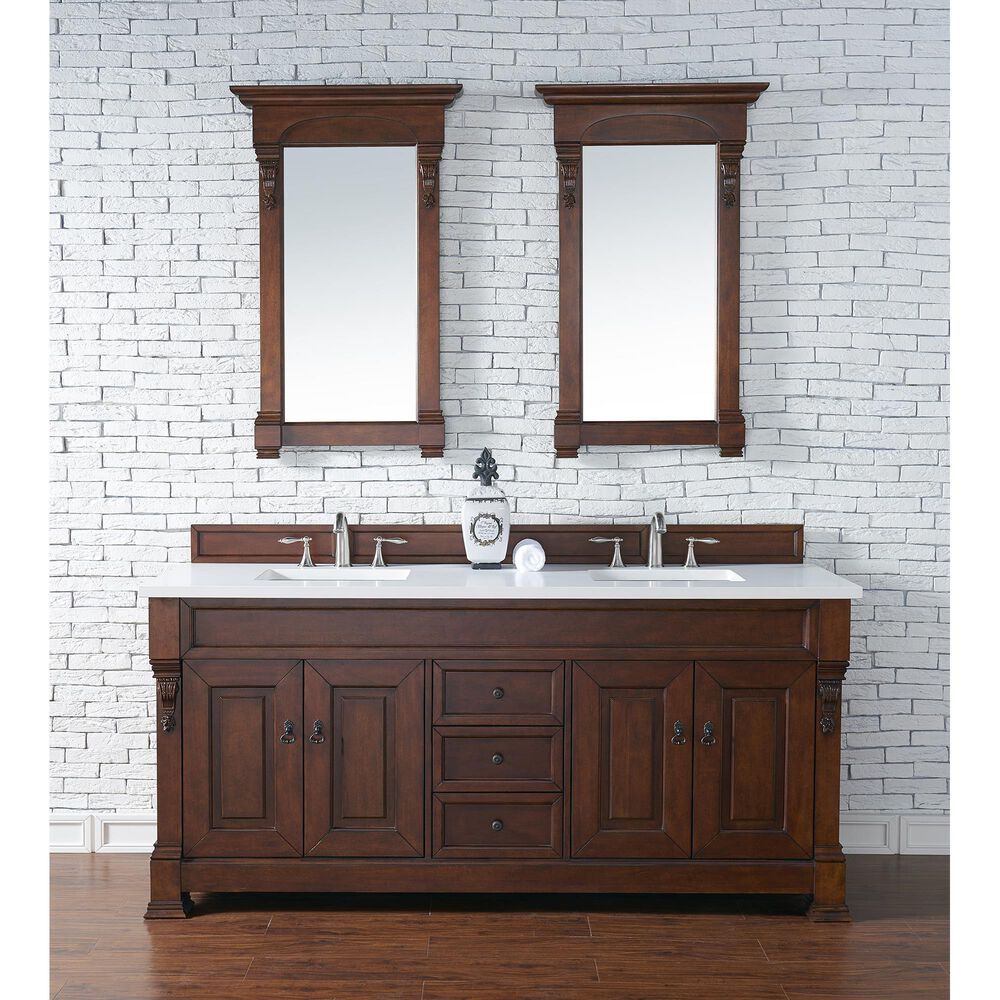 James Martin Vanities Brookfield 72&quot; Double Bathroom Vanity in Warm Cherry with 3 cm White Zeus Quartz Top and Rectangular Sinks, , large