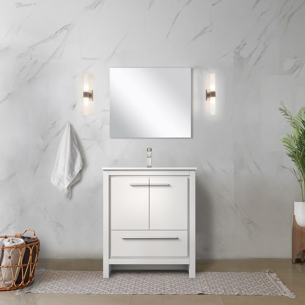 Lexora Home Lafarre 30&quot; Single Bathroom Vanity in Rustic Acacia with 2 cm White Cultured Marble Top, Rectangular Sink and 28&quot; Mirror, , large