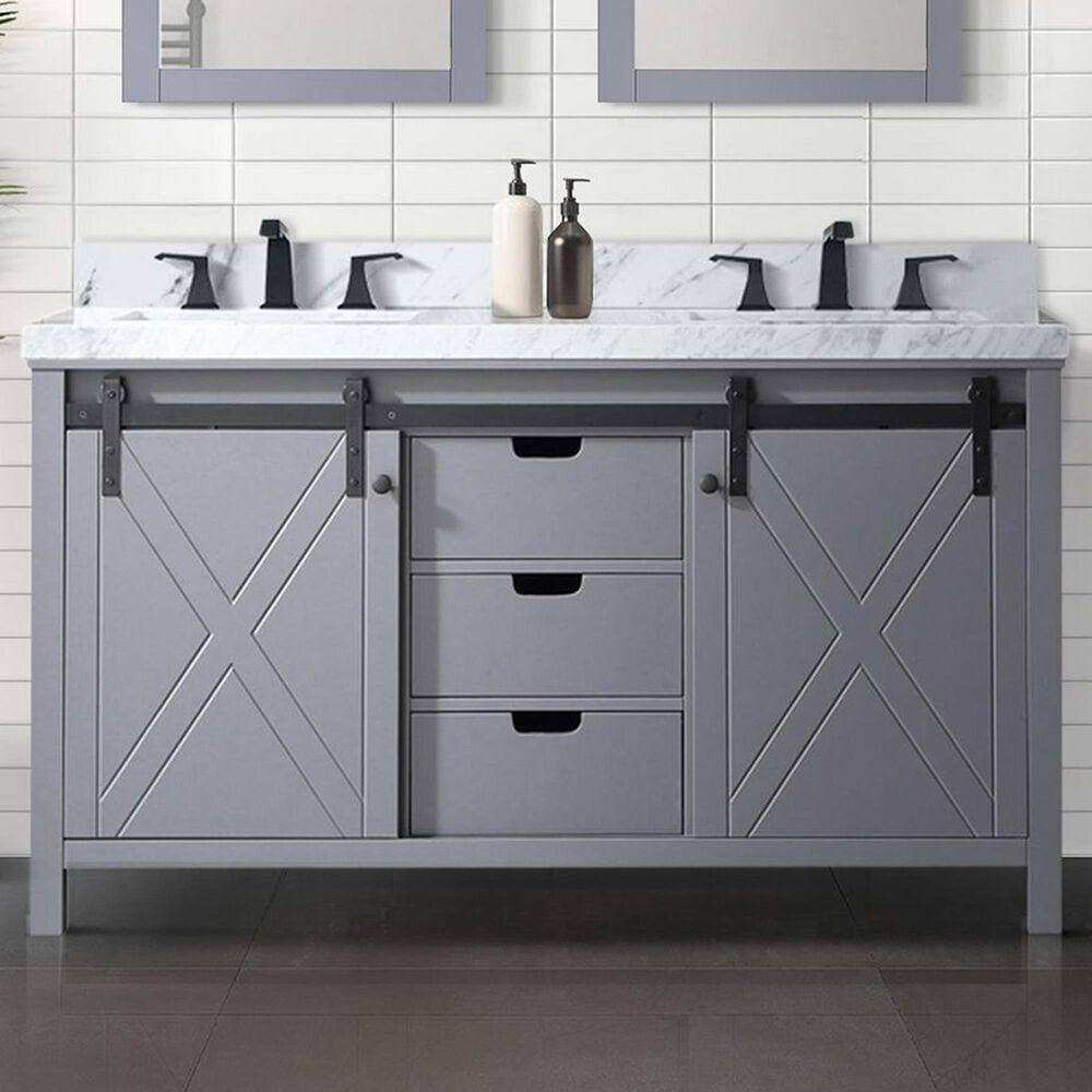 Lexora Home Marsyas 60&quot; Double Bathroom Vanity in Dark Grey with White Carrara Marble Top and Rectangular Sinks, , large