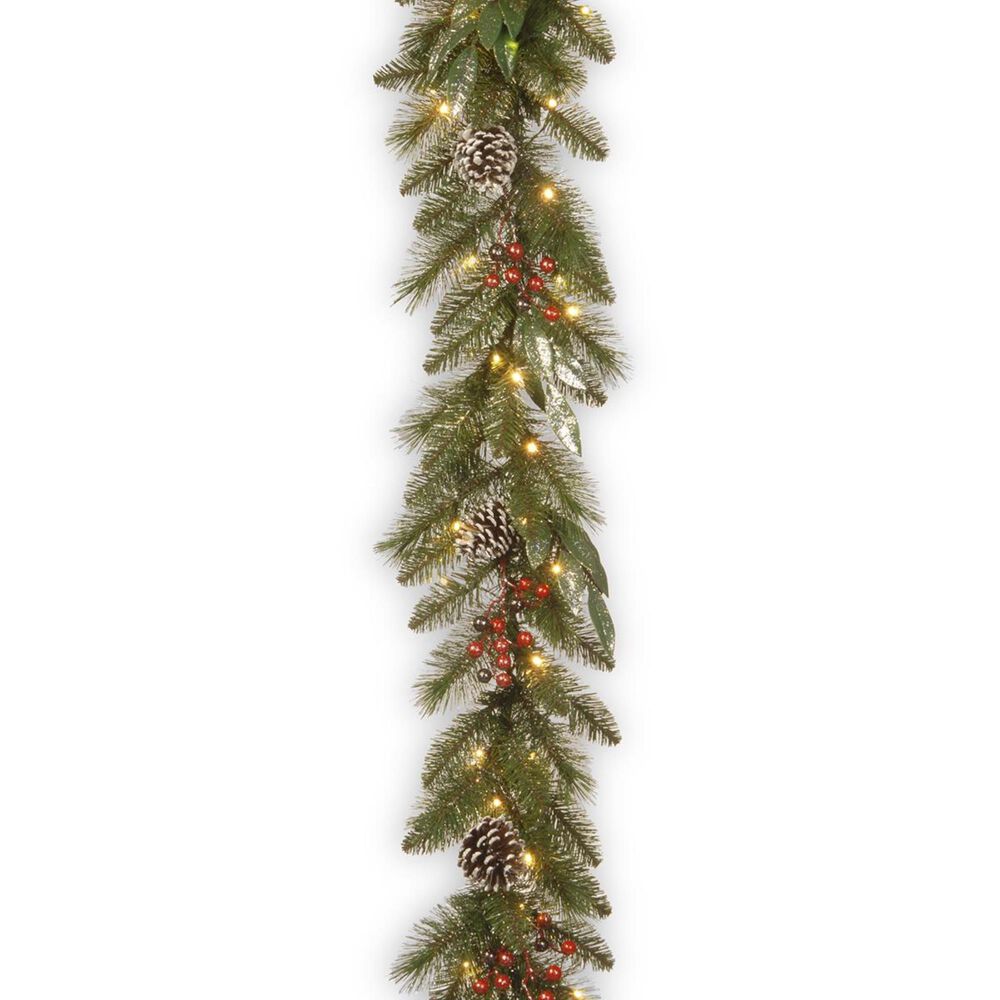 National Tree 9" Frosted Pine Berry Garland with White Lights, , large