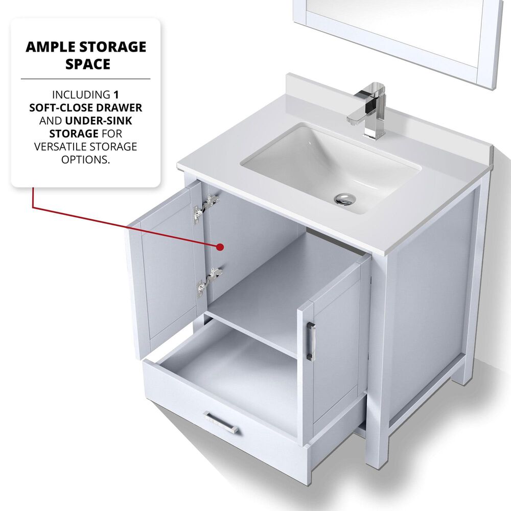 Lexora Home Jacques 30&quot; Single Bathroom Vanity in Navy Blue with 2 cm White Quartz Top, Rectangular Sink and 28&quot; Mirror, , large