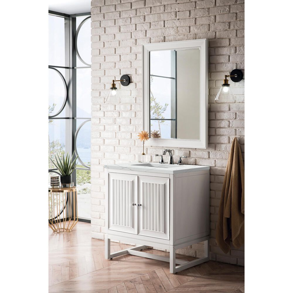 James Martin Vanities Athens 30&quot; Single Bathroom Vanity in Glossy White with 3 cm Ethereal Noctis Quartz Top and Rectangular Sink, , large