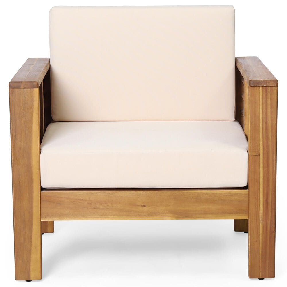 Hearth and Haven Outdoor Acacia Wood Club Chair with Beige Cushions in Teak, , large