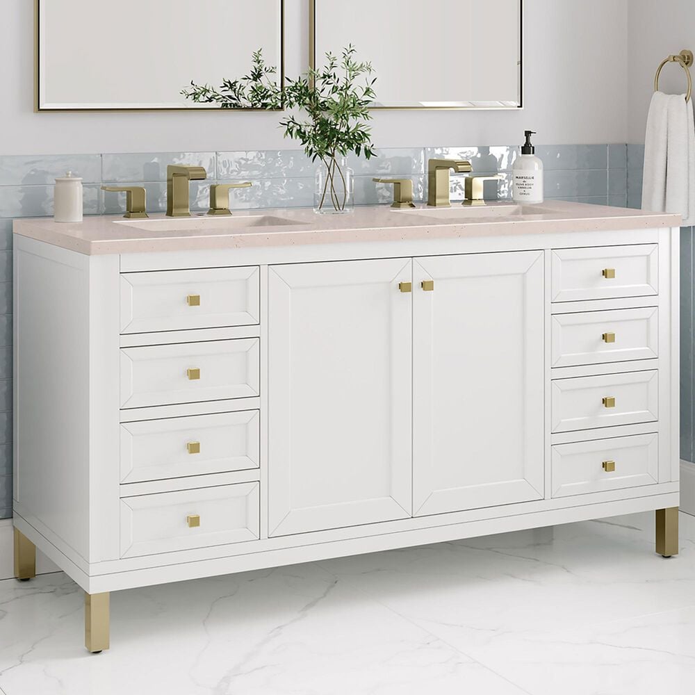 James Martin Vanities Chicago 60&quot; Double Bathroom Vanity in Glossy White with 3 cm Eternal Marfil Quartz Top and Rectangular Sinks, , large