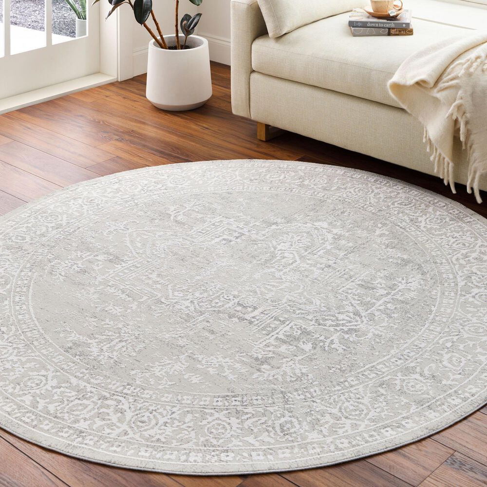 Surya Aisha 6&#39;7&quot; Round Gray and Off-White Area Rug, , large