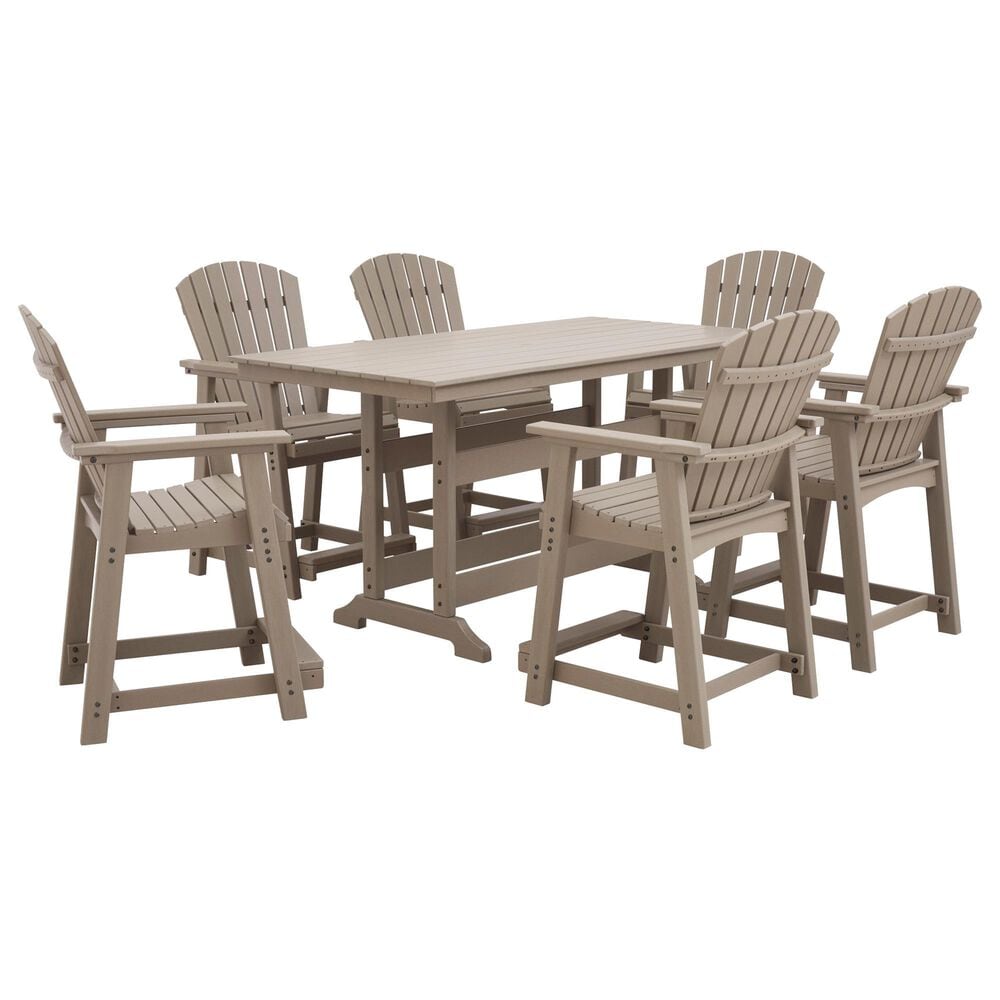 Ashley Seacliff Beach 7-Piece Patio Counter Height Dining Set in Medium Brown, , large