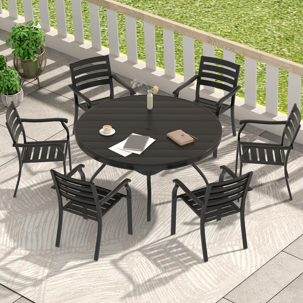 Hearth and Haven 7-Piece Outdoor Metal Dining Set with Stackable Chairs and Round Slatted Table in Black, , large