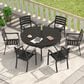 Hearth and Haven 7-Piece Outdoor Metal Dining Set with Stackable Chairs and Round Slatted Table in Black, , large