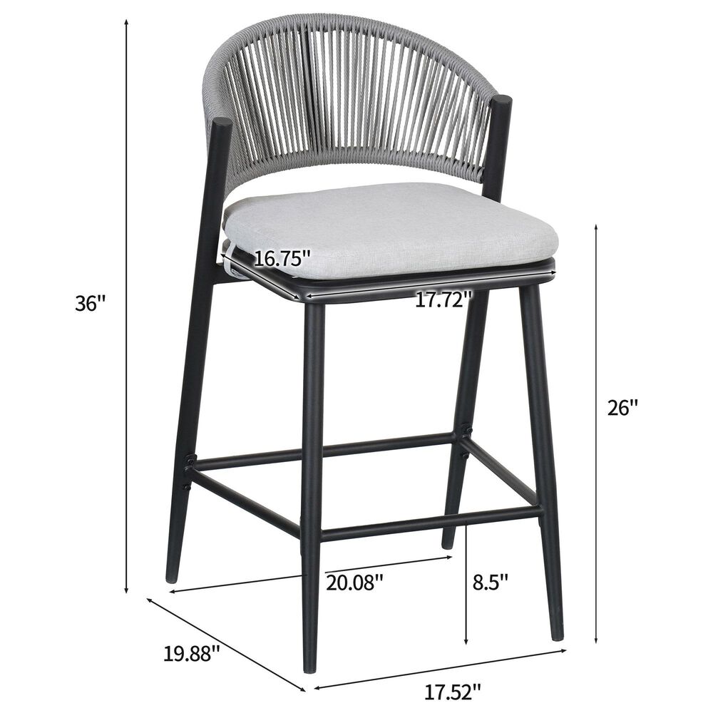 Hearth and Haven 26" Outdoor Counter Stool with Matte Black Frame in Light Gray (Set of 2), , large