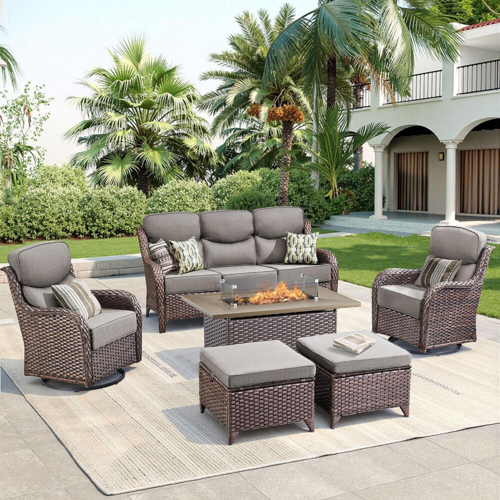 Sunwell Garden Patio Ottoman with Gray Cushion in Brown (Set of 2), , large