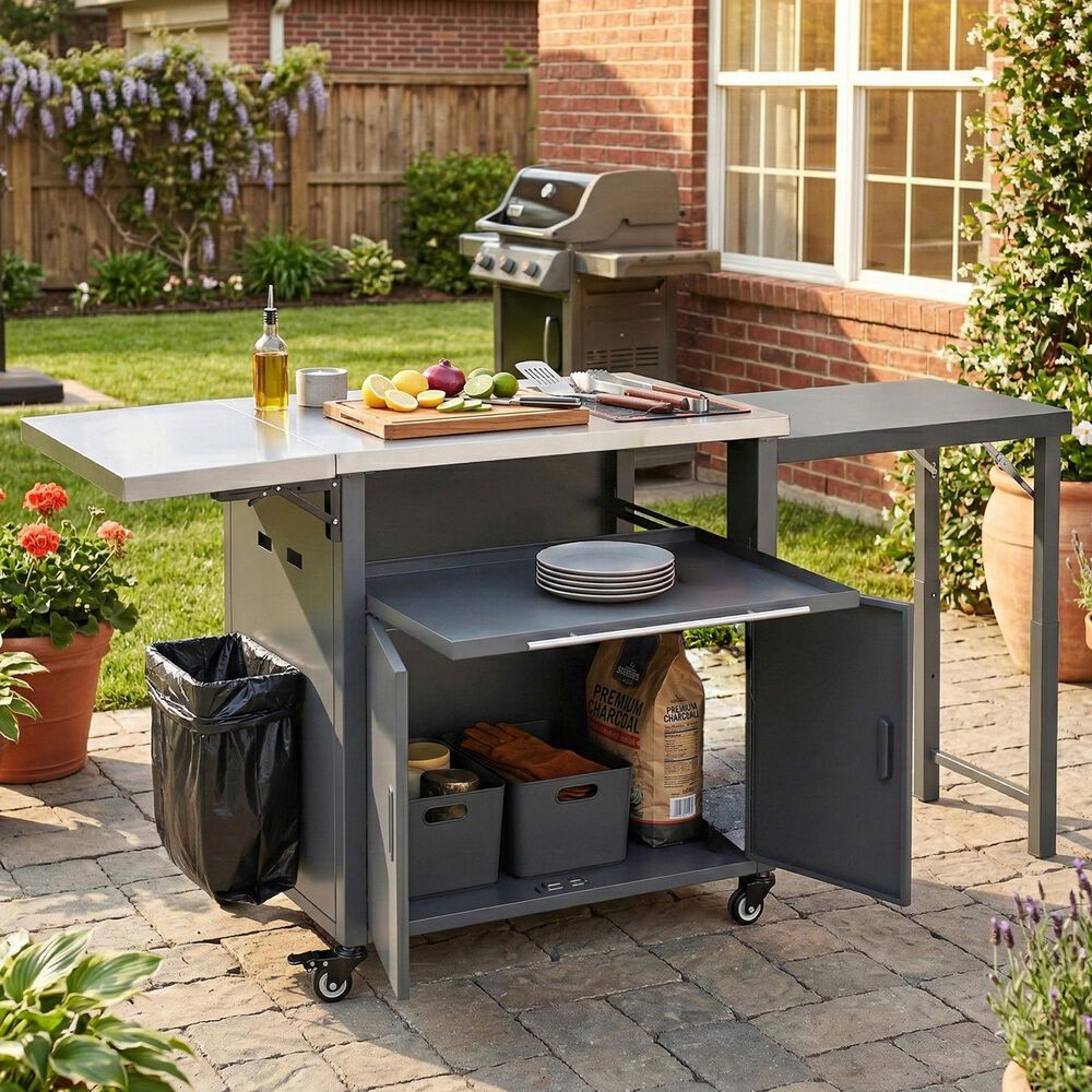 Hearth and Haven Outdoor Kitchen Island Cart with Dual Expandable Stainless Steel Tabletops in Gray, , large