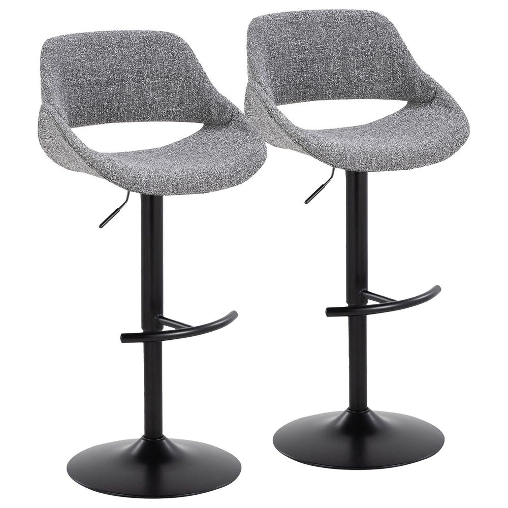 LumiSource Fabrico Swivel Adjustable Bar Stool with Grey Noise Fabric Upholstery and Rounded T Footrest in Black (Set of 2), , large