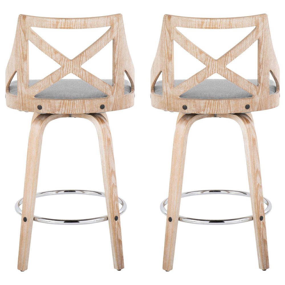 LumiSource Charlotte Swivel Counter Stool with Light Grey Fabric Upholstery in Whitewashed and Chrome (Set of 2), , large