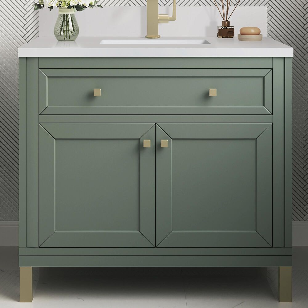 James Martin Vanities Chicago 36&quot; Single Bathroom Vanity in Smokey Celadon with Single Hole 3 cm White Zeus Quartz Top and Rectangular Sink, , large
