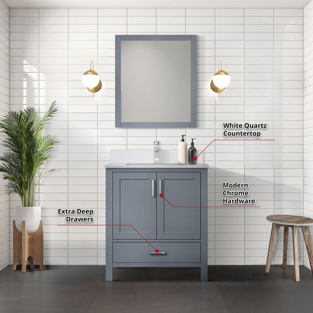 Lexora Home Jacques 30&quot; Single Bathroom Vanity in Dark Grey with 2 cm White Quartz Top and Rectangular Sink, , large