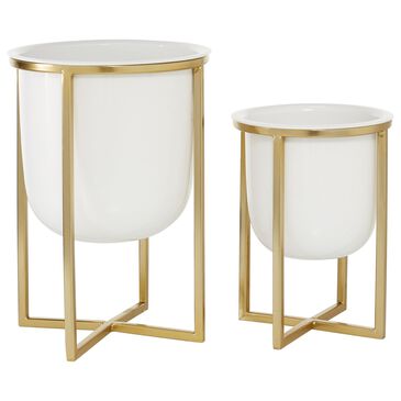 CosmoLiving by Cosmopolitan Contemporary 13" Round Planter in White and Gold (Set of 2), , large