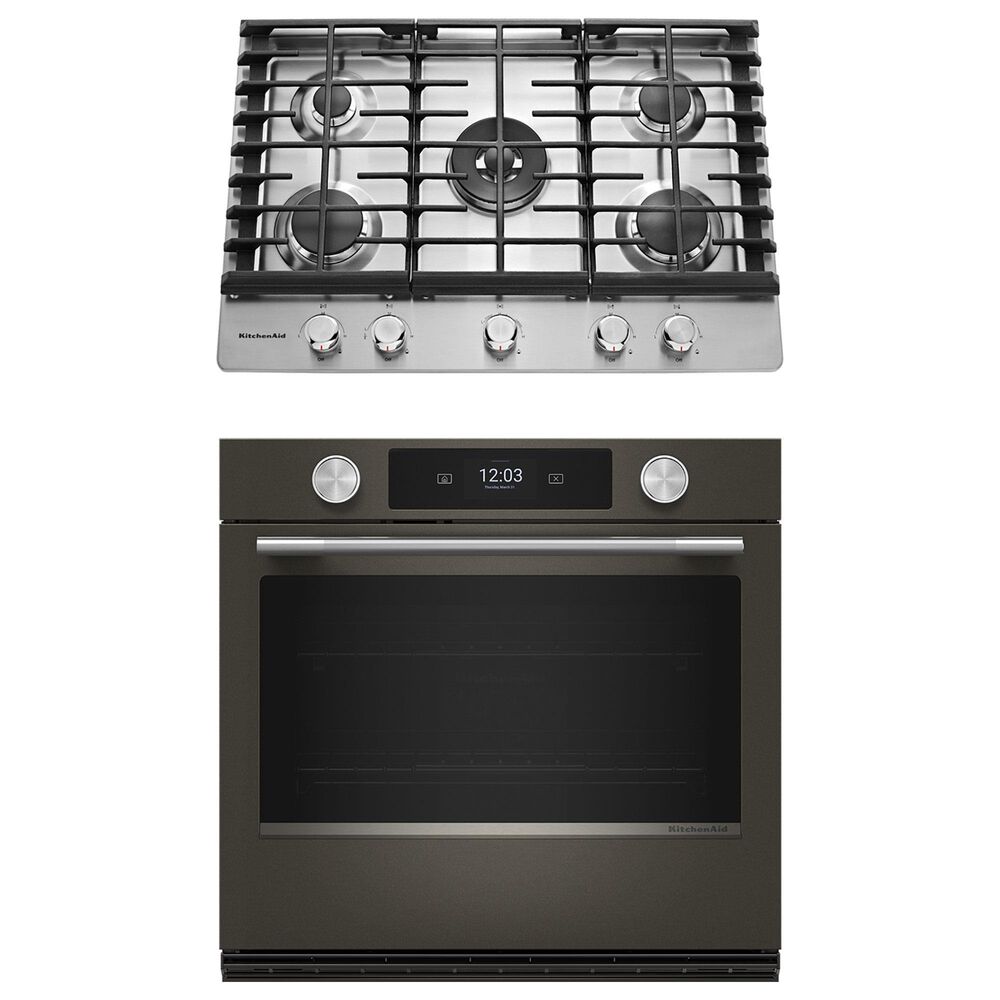 KitchenAid 2-Piece Kitchen Package with Black Ore 30" Smart Single Wall Oven and Stainless Steel 30" Gas Cooktop, , large