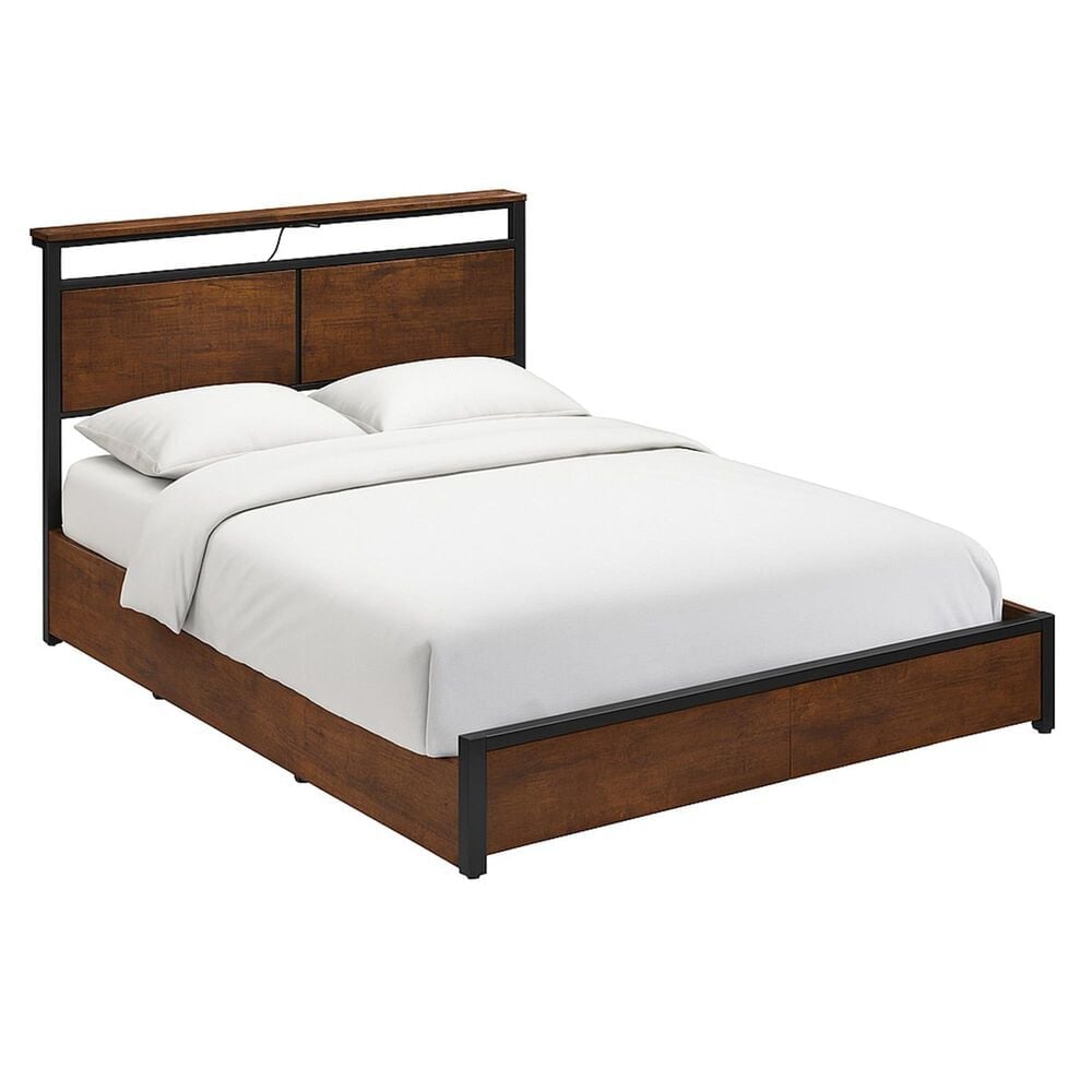 HOMLUX Queen 4-Drawer Storage Bed with LED Headboard and Charging Station in Rustic Brown, , large