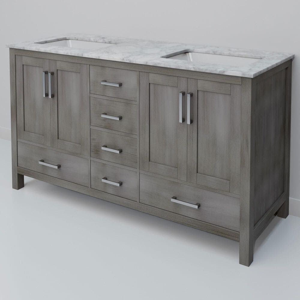 Lexora Home Jacques 60" Double Bathroom Vanity in Distressed Grey with 2 cm White Carrara Marble Top and Rectangular Sinks, , large