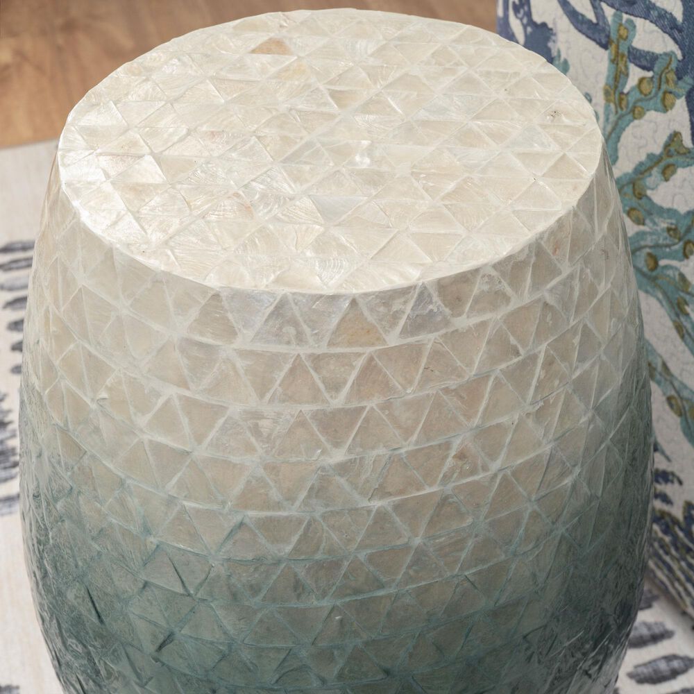 Linon Home Decor Prianna Drum End Table with Ombre Capiz in Blue and White, , large