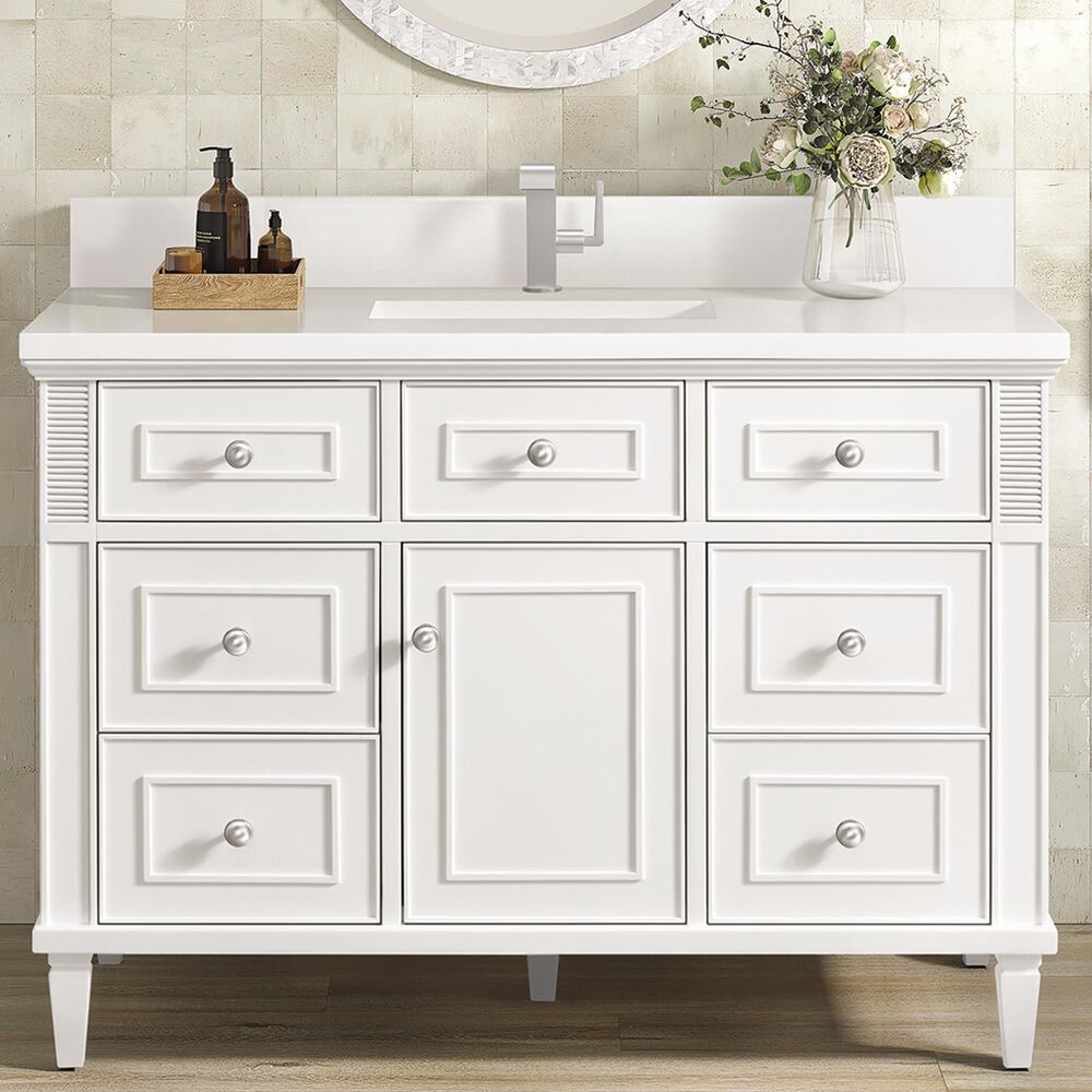 James Martin Vanities Lorelai 48&quot; Single Vanity in Bright White with Single Hole 3 cm White Zeus Quartz Top &amp; Backsplash, , large