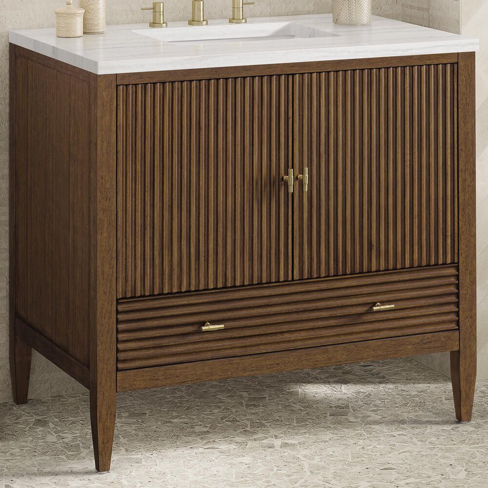 James Martin Vanities Myrrin 36&quot; Vanity in Mid-Century Walnut with 3 cm Arctic Fall Solid Surface Top, , large