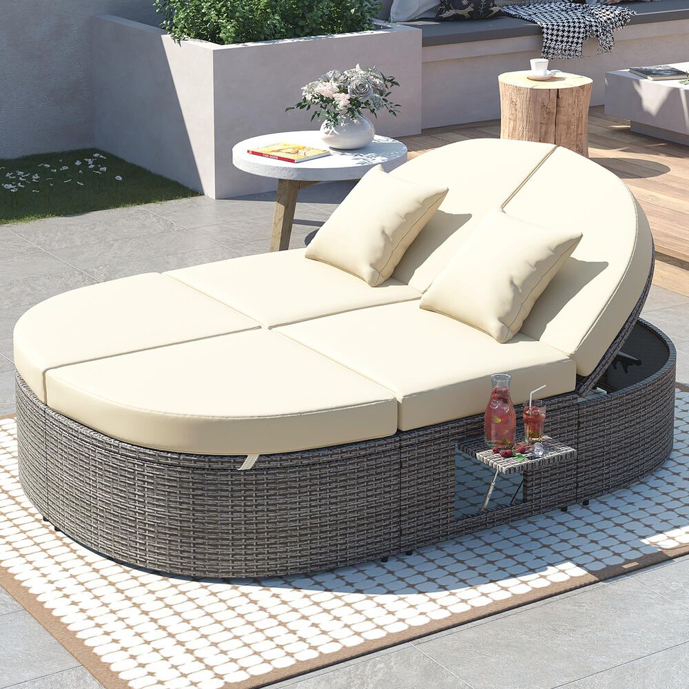 HOMLUX 2-Person Outdoor Daybed with Adjustable Backrests and Foldable Cup Trays in Beige, , large