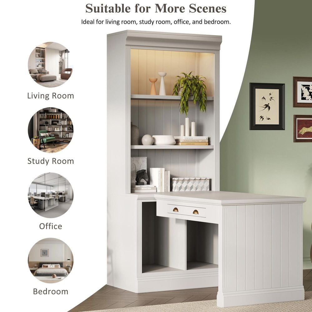 Hearth and Haven Writing Desk with Open Bookshelf and LED Lighting in White, , large