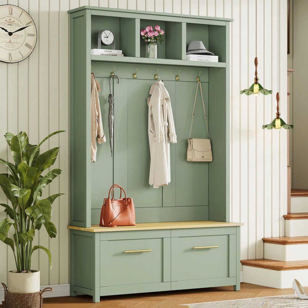HOMLUX 6-Hook Hall Tree with 2-Drawer in Green, , large