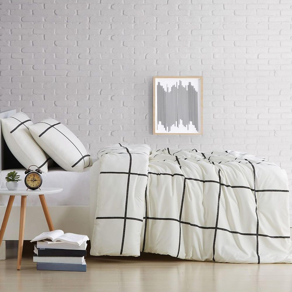 Pem America Truly Soft Windowpane 3-Piece Full/Queen Comforter Set in Ivory/Black, , large