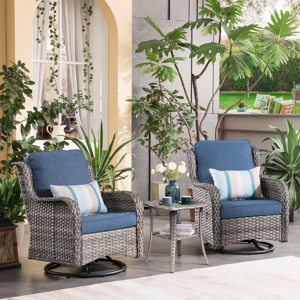 HOMLUX 3-Piece Patio Conversation Set with Curved-Arm Swivel Rocking Chairs and Light Gray Wicker in Denim Blue, , large